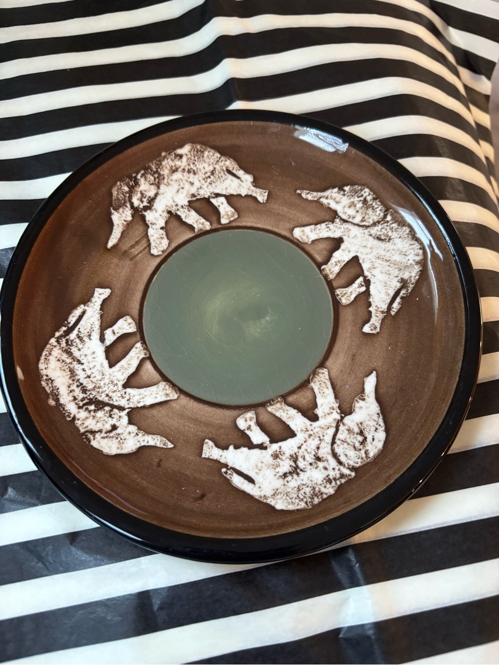Handcrafted and artist signed Brown and Green Elephant trinket plate